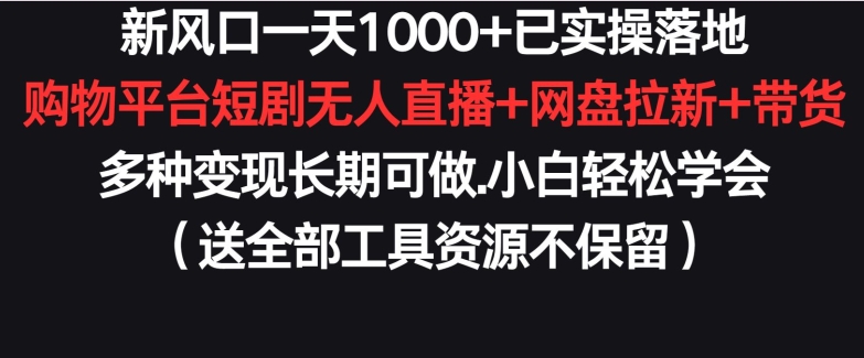 新风口一天1000+已实操落地购物平台短剧无人直播+网盘拉新+带货多种变现长期可做-老月项目库