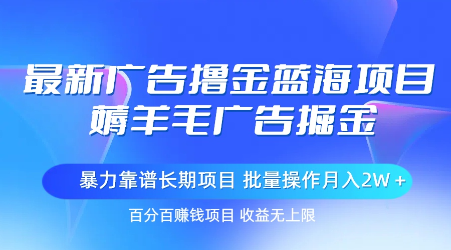 最新广告撸金蓝海项目，薅羊毛广告掘金 长期项目 批量操作月入2W＋-老月项目库