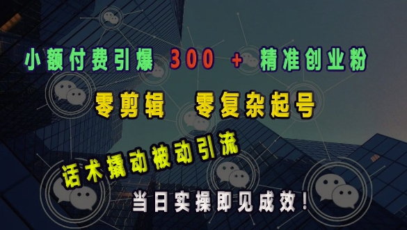 小额付费引爆 300 + 精准创业粉，零剪辑、零复杂起号，话术撬动被动引流，当日实操即见成效-老月项目库